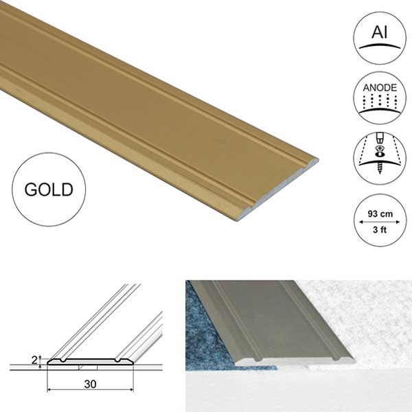 30mm Wide Aluminium Flat Door Threshold  Screw fix For Wooden, Laminate, Carpet Vinyl Flooring