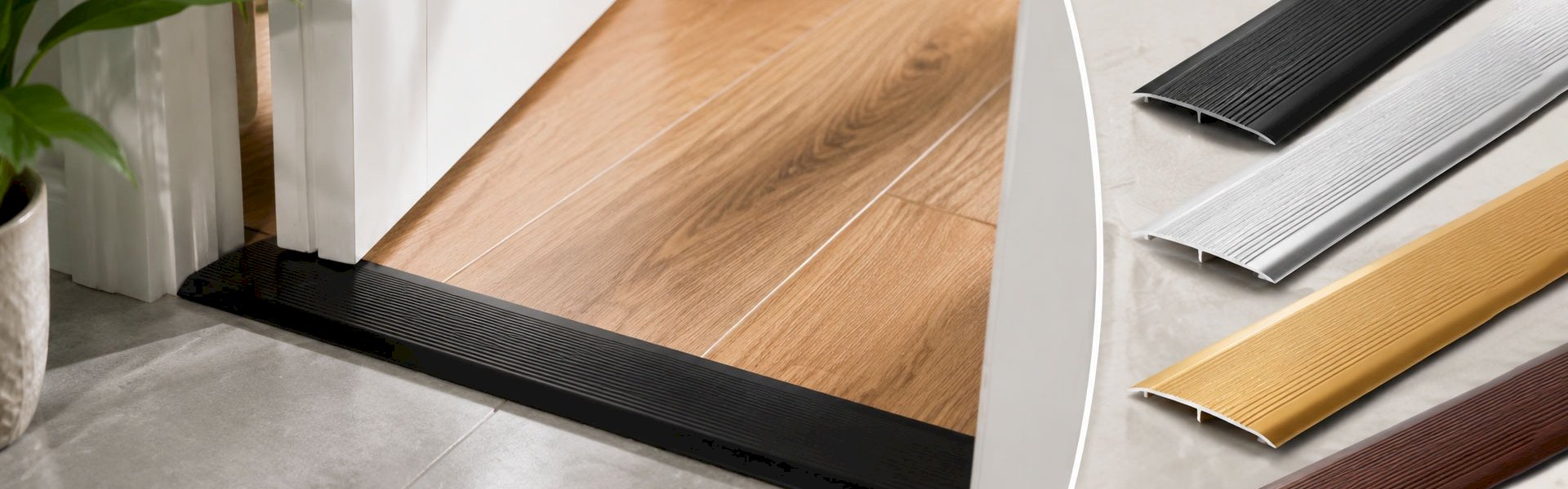 Self-adhesive flooring transition strips shown in a doorway and color options.