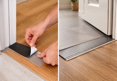 Installing a self-adhesive transition strip over a doorway threshold