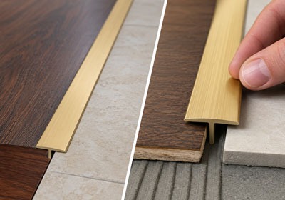 Installing a brass T-bar flooring transition strip.