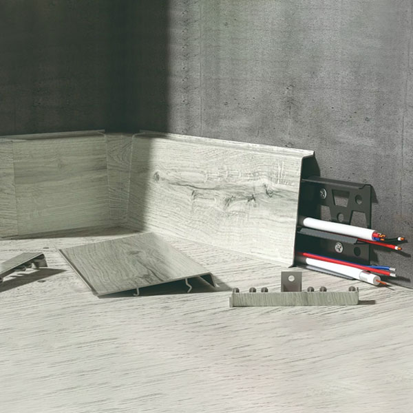 Light Grey Oak PVC Skirting Board & Accessories with Flexible Edges and Cable Cover
